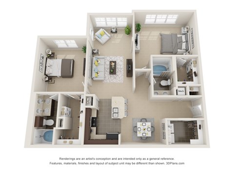Floor plan for 2 beds, 2 baths, 1305 sqft